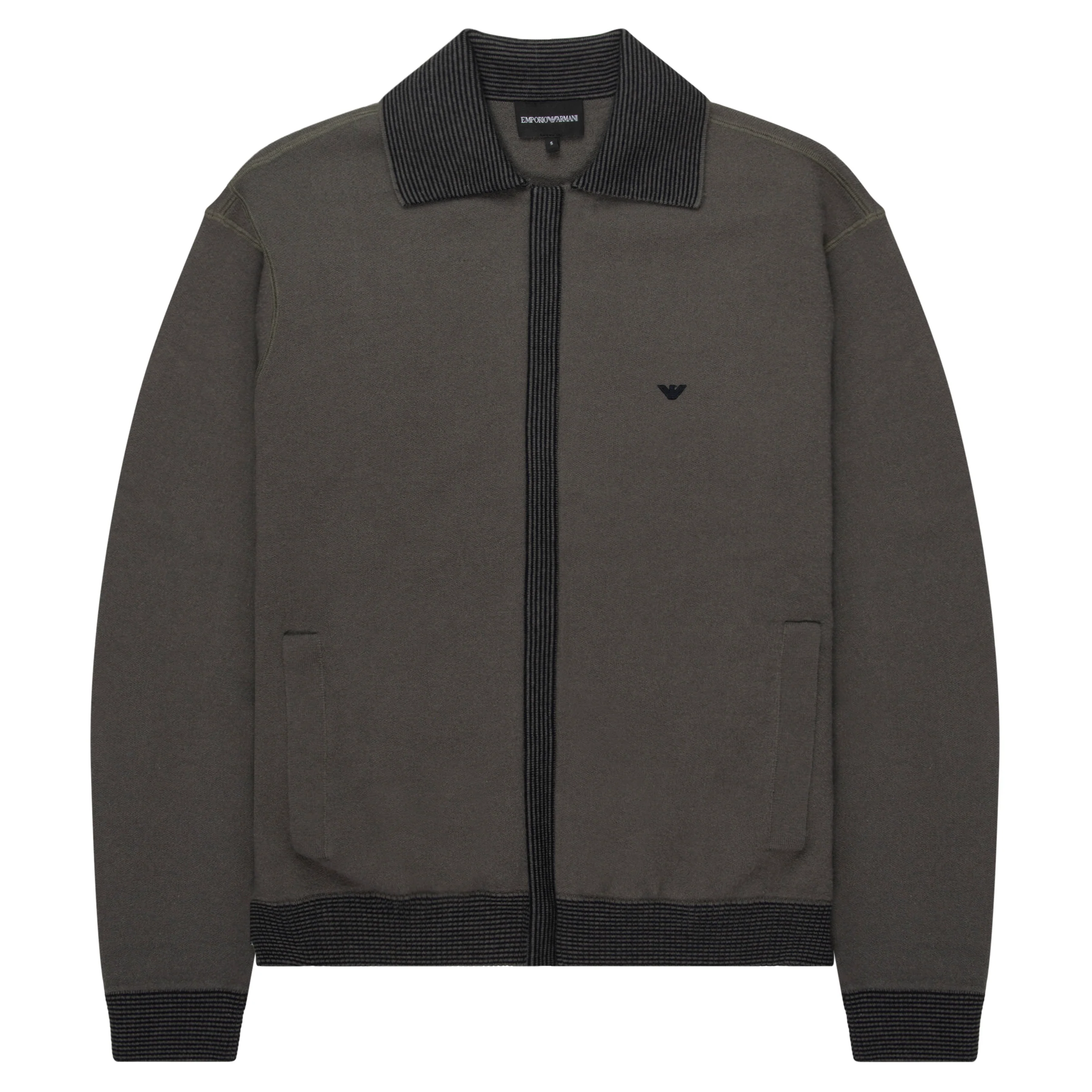 Emporio Armani Khaki Woolen Trim Detailed Full Zip Cardigan