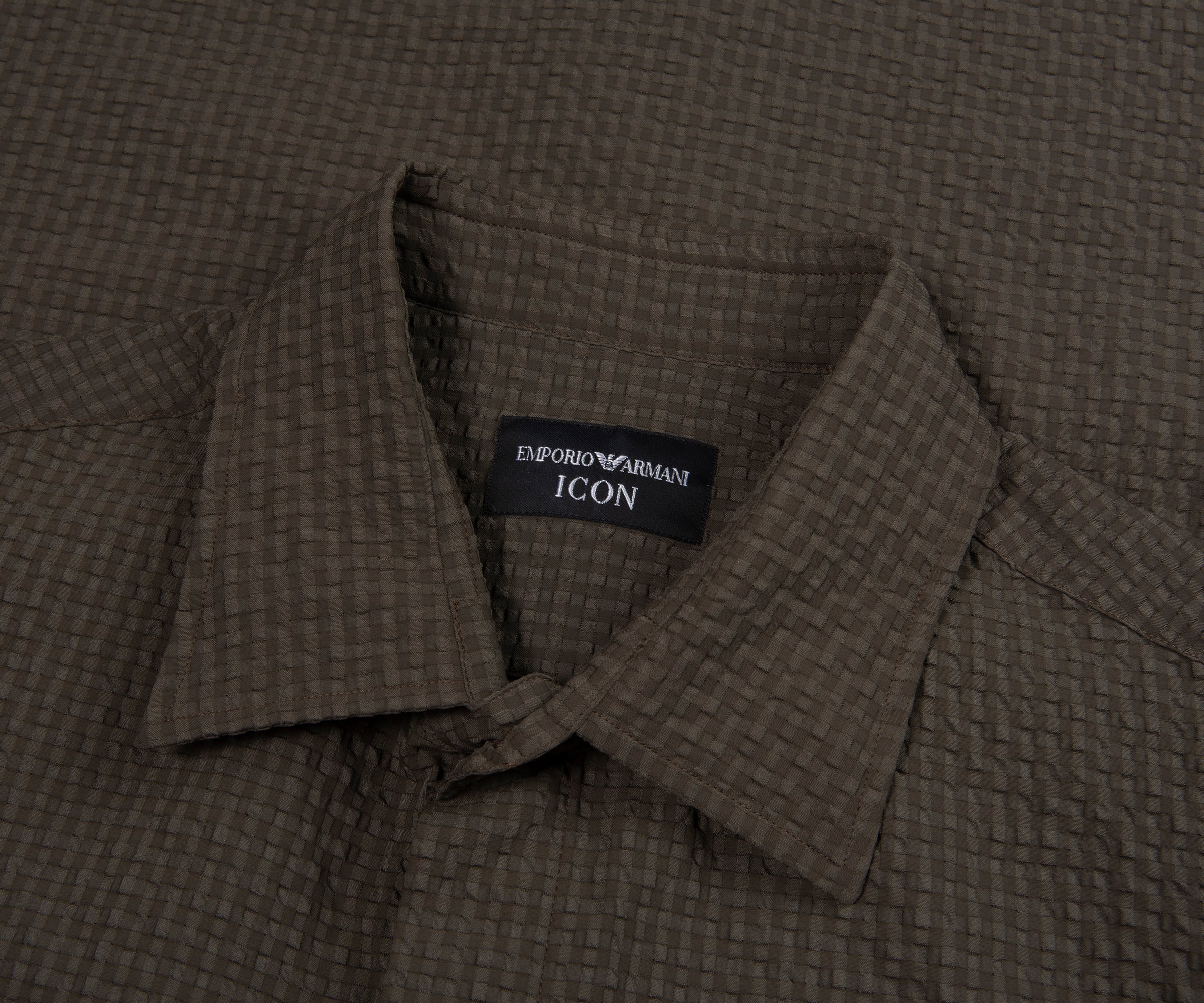 Armani Khaki Icon Checkered Crimp SS Shirt - Image 2