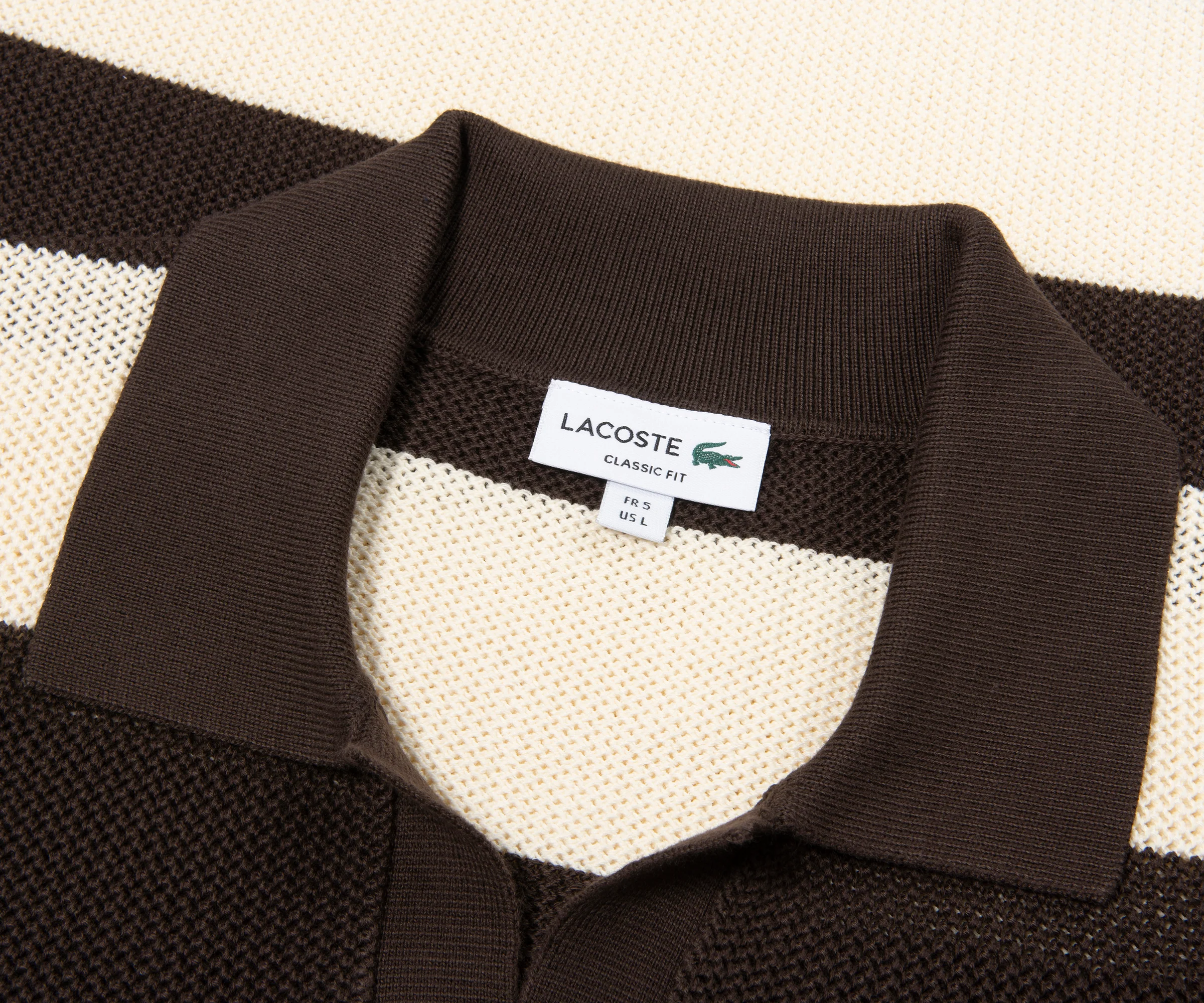 Lacoste Brown/Cream Bar Stripe Knitted Polo - Image 2