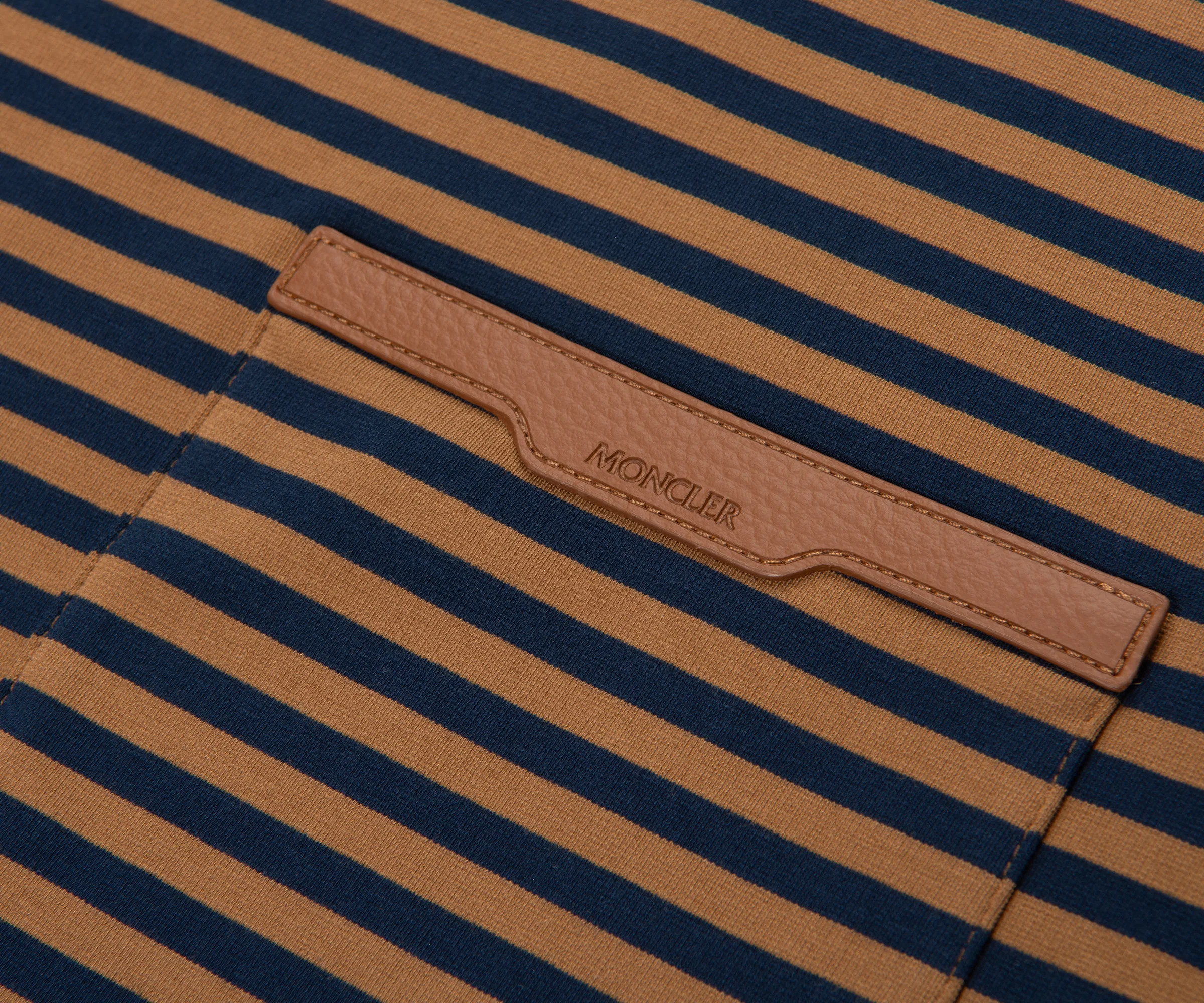 Moncler Navy/ Rust Striped Leather Pocket T-Shirt - Image 4